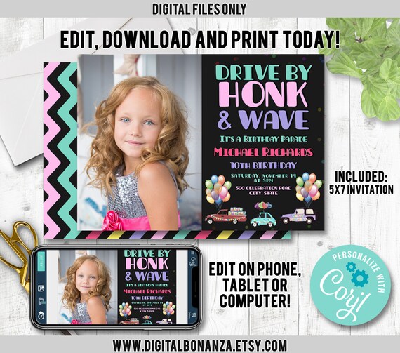 Girl Drive By Birthday Parade Invitation Template EDITABLE Drive Through Birthday Party Quarantine Social Distancing Party Photo Instant Il_570xn