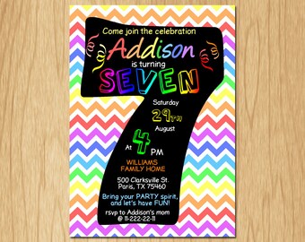 7th Birthday Invitation Rainbow Chevron Pastel Seventh Birthday Party Invite Boy or Girl Chalkboard Printable digital DIY KNB022