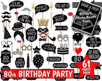 Accessori per photo booth per 80° compleanno, glitter neri e argento (download digitale)
