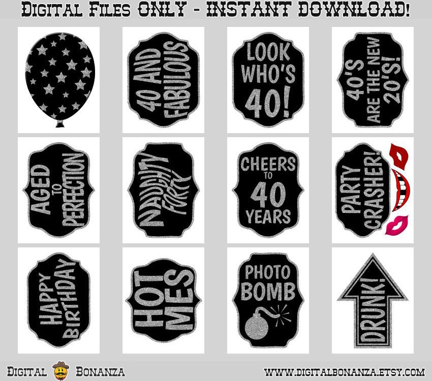 40th Birthday Party Printable Photo Booth Props. Black and | Etsy