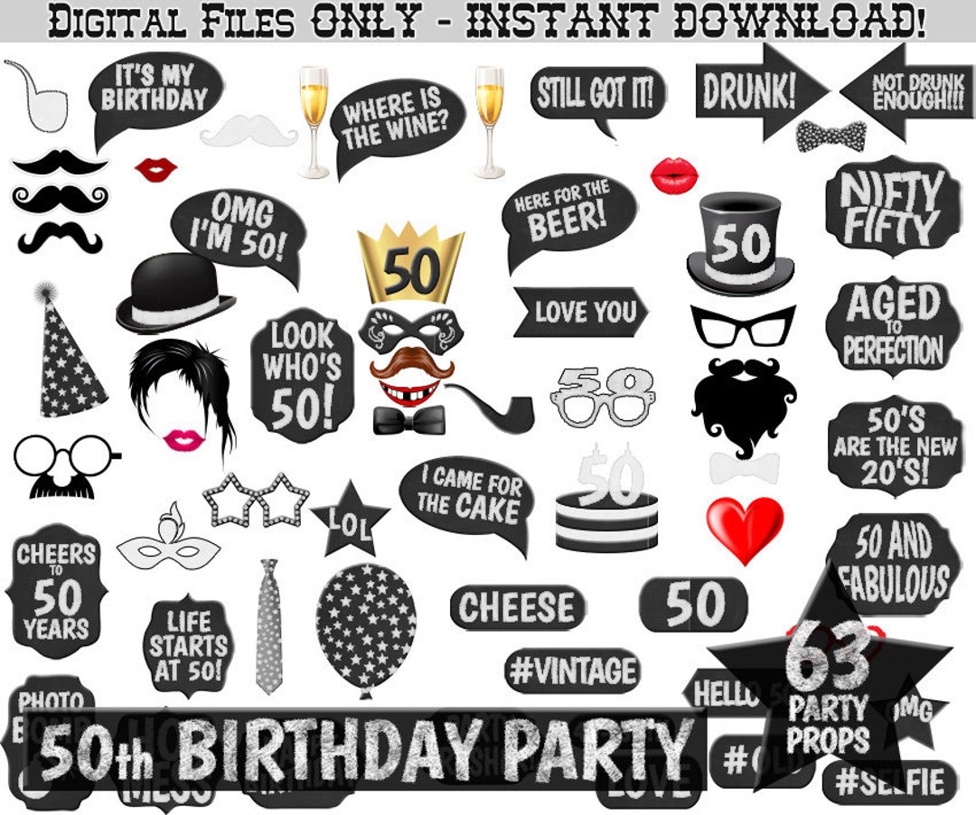 50th Birthday Party Printable Photo Booth Props Chalk and Blackboard ...