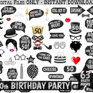 50th Birthday Party Printable Photo Booth Props Chalk and Blackboard. Photobooth Selfie, Chalkboard Birthday Party Black and White Printable
