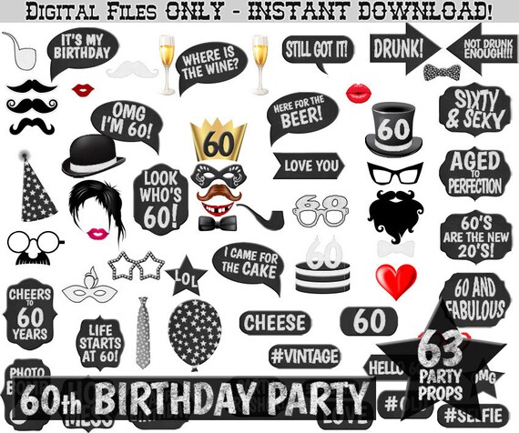 60th Birthday Party Printable Photo Booth Props Chalk and Blackboard. Photobooth Selfie, Chalkboard Birthday Party Black and White Printable Il_570xn
