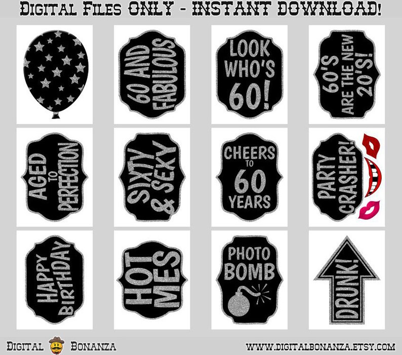 Speech Ties Mustaches. Black and Silver Glitter 60th Birthday Party Printable Photo Booth Props Lips Hats Photobooth Selfies Glasses