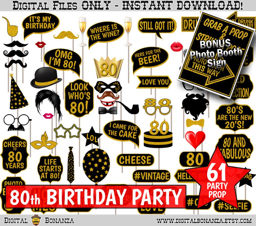 80th Birthday Party Printable Photo Booth Props. Black and Gold Glitter ...