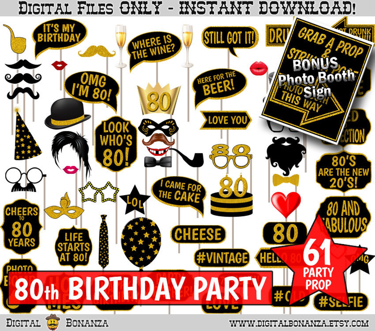 80th Birthday Party Printable Photo Booth Props. Black and - Etsy