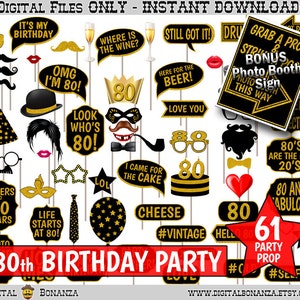 80th Birthday Party Printable Photo Booth Props. Black and Gold Glitter. Photobooth Selfies, Speech, Glasses, Hats, Ties, Lips, Mustaches.
