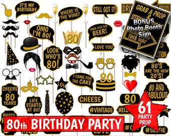 Accessori per photo booth per 80° compleanno, glitter neri e dorati (download digitale)