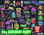 25th Birthday Party Printable Photo Booth Props. Multicolored NEON lights. Photobooth Selfie, Neon Birthday Party, Neon Glow Printable Props Il_170x135