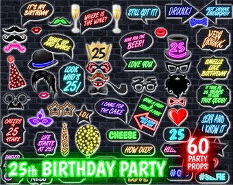 25th Birthday Neon Photo Booth Props, Selfie Party (Digital Download)