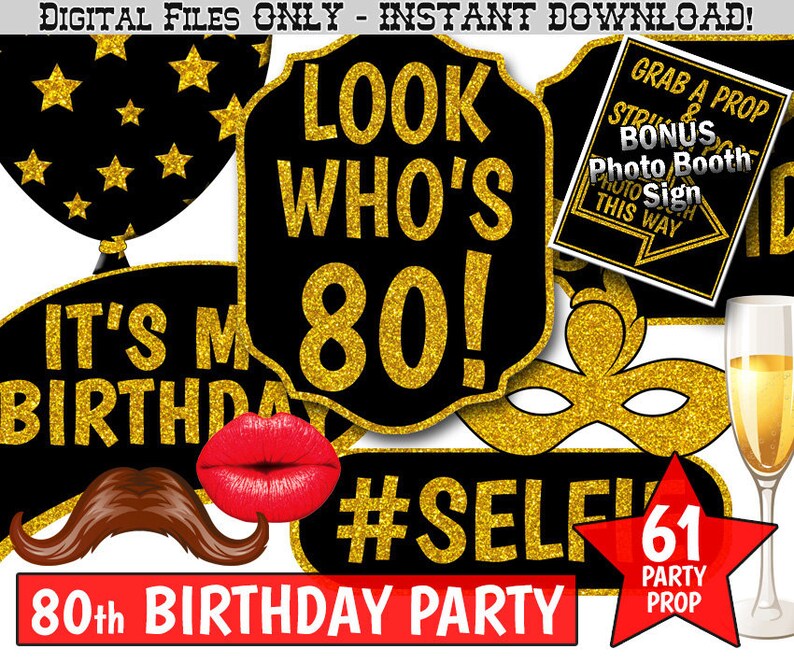 80th Birthday Party Printable Photo Booth Props. Black and - Etsy