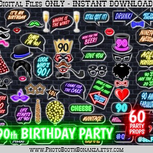 90th Birthday Party Printable Photo Booth Props. Multicolored NEON lights. Photobooth Selfie, Neon Birthday Party, Neon Glow Printable Props