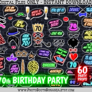 70th Birthday Party Printable Photo Booth Props. Multicolored NEON lights. Photobooth Selfie, Neon Birthday Party, Neon Glow Printable Props