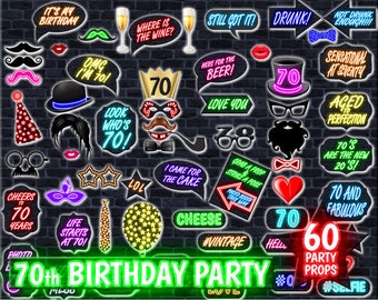 70th Birthday Photo Booth Props, Neon Party Decorations (Digital Download)