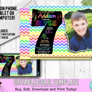 7th Birthday Invitation Rainbow Chevron. Edit Yourself Online. Seventh Birthday Party Invite with Photo Printable Digital DIY Corjl image 1