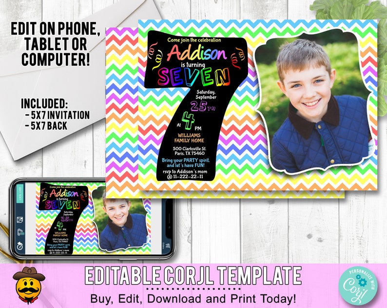 7th Birthday Invitation Rainbow Chevron. Edit Yourself Online. Seventh Birthday Party Invite with Photo Printable Digital DIY Corjl image 1