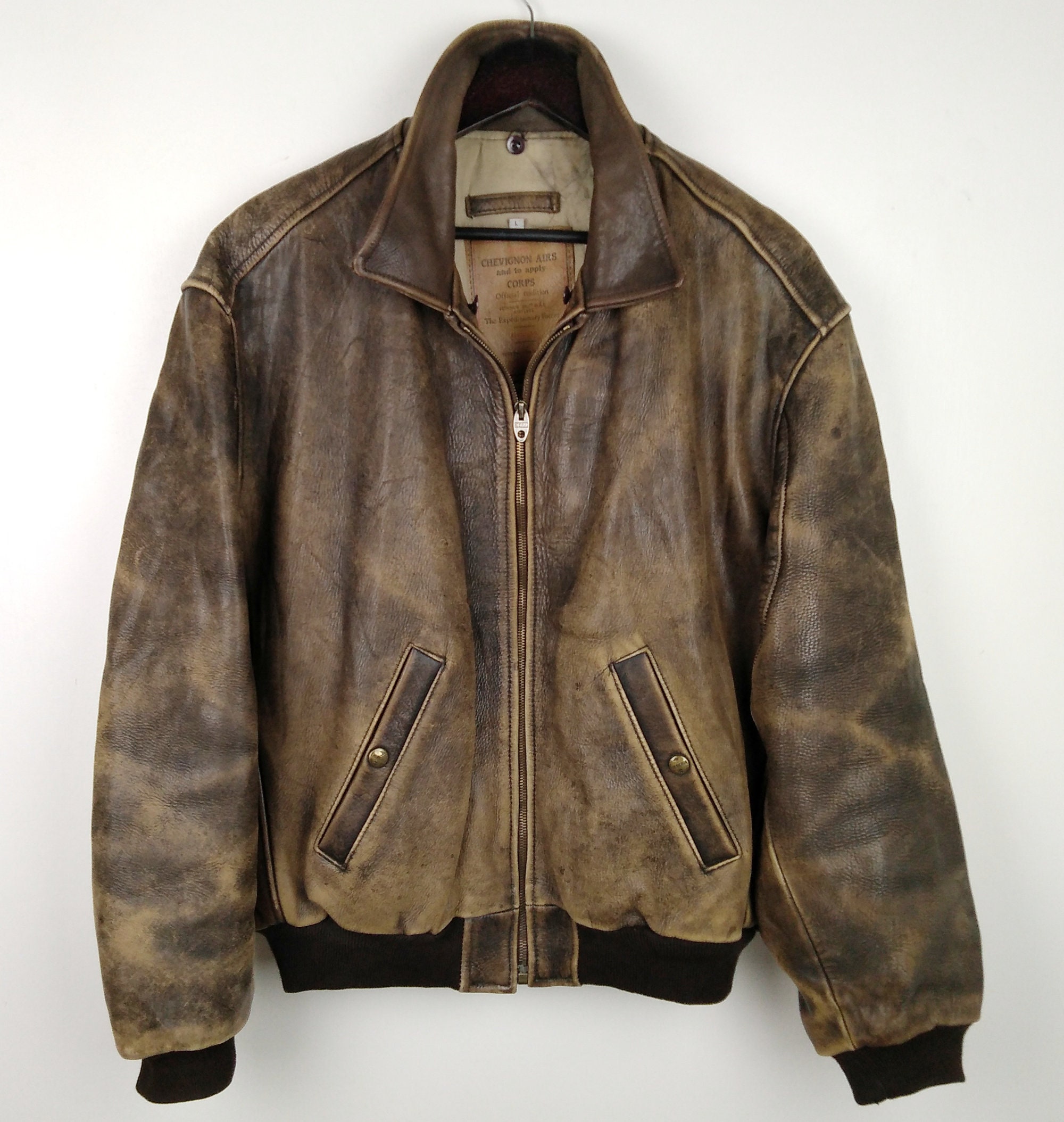 Image of Chevignon Airs & Corps Old Flight Jacket France Made Brown Size Large