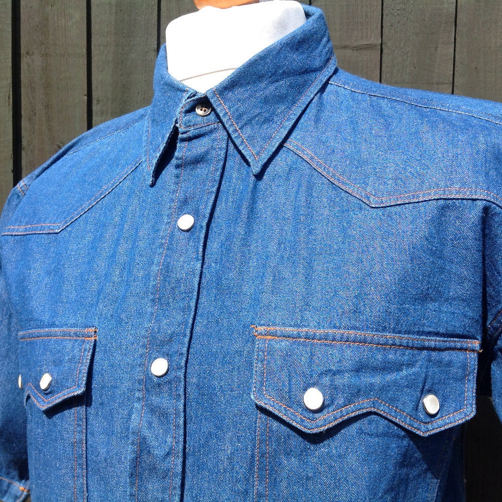 Image of Dodgest Western Denim Shirt Sawtooth Pockets Pearl Snaps Blue Large