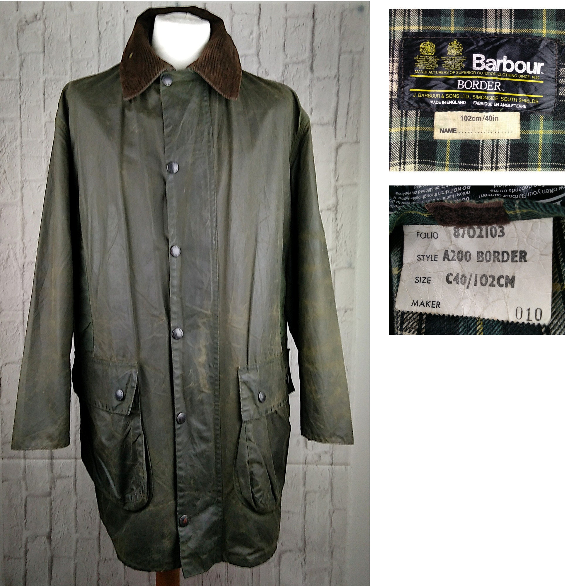 Image of Barbour Border Wax Jacket Green Vintage 1980S 2 Crests Size 40" Chest/102cm Medium