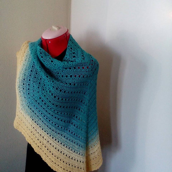 Gereserveerd voor Elisabeth Hand crochet shawl,wrap,cape,pareo in turquois,yellow unikat yarn 50 cotton, 50 acrylic SALE