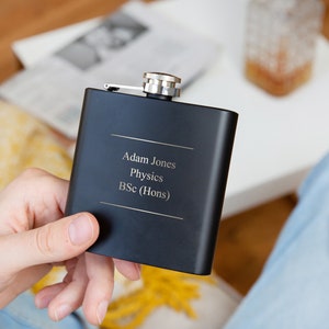 Personalised Engraved Name And Letters Matte Black 6oz Hip Flask for Graduation / New Job Gift