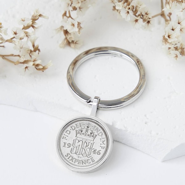 Sixpence 1946 80th Birthday Coin Keyring