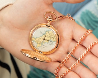Personalised Vintage Map Gold Pocket Watch - Personalise With Your Choice Of Location