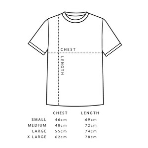 May include: A size chart for a t-shirt showing the chest and length measurements in centimeters for small, medium, large, and extra large sizes.