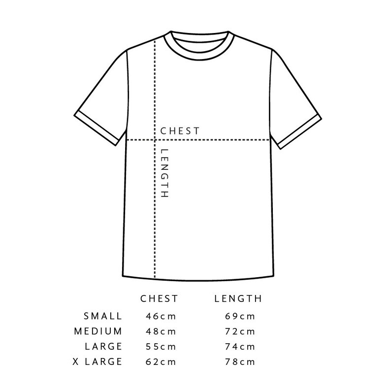 May include: A size chart for a t-shirt showing the chest and length measurements in centimeters for small, medium, large, and extra large sizes.