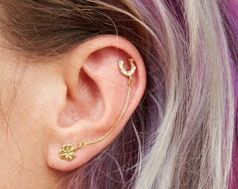 Gold Plated Lucky Horseshoe And Clover Double Earring