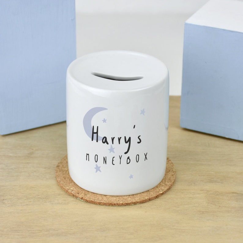 Child S Money Box Moon Stars Personalised - 