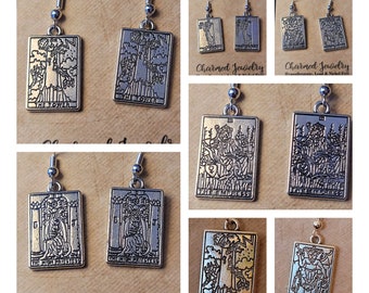 Silver Tone Tarot Card Earrings! Perfect addition to any witch or oracle's outfit! Devil, Tower, High Priestess, Hermit and Empress!