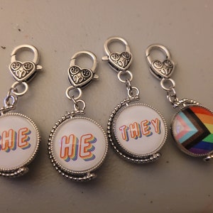May include: Four silver charms with rainbow-coloured designs. The charms feature the words "SHE", "HE", "THEY", and a rainbow pride flag with black and brown stripes.
