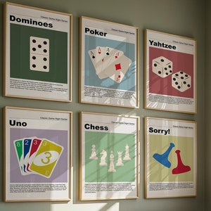 Set of Six Retro Game Night prints featuring MCM style illustrations of popular games including Dominoes, Poker, Yahtzee, Uno, Chess and Sorry!