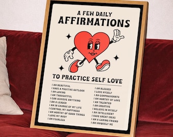 Daily Affirmations Printable, Self Love Print, Self Care Wall Print, Positivity Print, Trendy Y2K Illustration, Indie Poster, Dorm Room Art