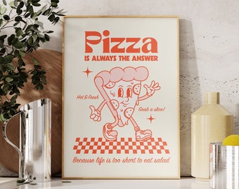 Charming Retro Style Pizza Print, Retro Cartoon Art for Pizza Lovers, Vintage-Inspired Food Poster, Printable Kitchen Art, Gift for Foodie