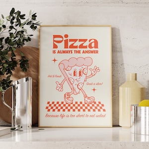 Encantador estampado de pizza de estilo retro, arte de dibujos animados retro para amantes de la pizza, cartel de comida de inspiración vintage, arte de cocina imprimible, regalo para amantes de la comida