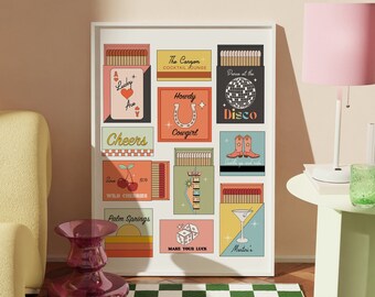 Matchbook Art Print, Western Wall Art, PRINTED Art, Bar Cart Art, Trendy Decor, Retro Bar Cart Decor, Matches Print, Matchbox Art Print