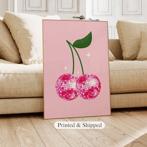 Impression boules disco cerise, impression disco, rose esthétique, art mural rétro tendance, art des années 1970, estampes des années 70, esthétique rétro, impression d'art boule disco