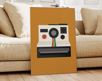 May include: A vintage-style instant camera illustration on a mustard yellow background. The camera is white with a black lens and a rainbow film strip.