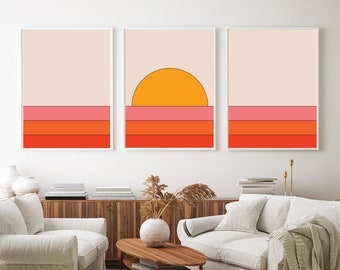 Set of Three Prints - Retro 70s Art Prints - 70s Posters - Mid-century Modern Wall Art - Printable Art - 70s Sunset Print - Retro Decor