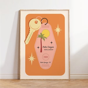 May include: A retro-style motel key tag with a pink background and a palm tree design. The tag reads "Palm Canyon Motel & Resort" and "1989 Palm Springs, CA".