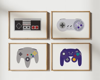 Gamer Gift Idea - Collection of Four Retro Gaming Controller Wall Prints in Minimalist Style, Video Game Controllers Print, Classic Game Art