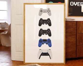 May include: A framed print featuring five different game controllers in gray, black, blue, and white. The controllers are arranged vertically on a white background. Two framed posters with Pac-Man and "GAME OVER" text are visible.