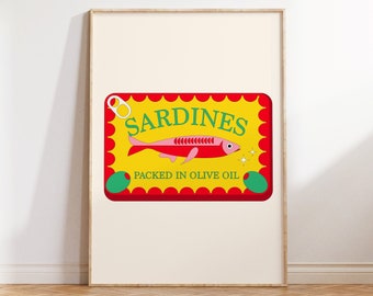 Impresión retro de sardinas, impresión de lata de sardina, impresión de pescado enlatado, cartel de comida retro, arte de pared de cocina retro, impresión de arte de mariscos, impresión de pescado enlatado