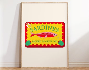 Retro Sardines Print, Sardine Tin Print, Canned Fish Print, Retro Food Poster, Retro Kitchen Wall Art, Seafood Art Print, Tinned Fish Print