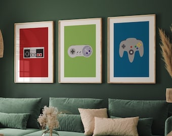 Game Room Decor, Video Game Art Set of 3, Retro Video Game Controller Prints, Video Games Decor, Boys Room Art, Gift for Gamers, Gaming Art