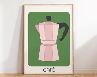 レトロなコーヒーのイラスト、コーヒーバーの装飾、レトロなカフェのプリント、ミッドセンチュリーモダンアート、グリーンのキッチンプリント、ジクレーファインアート、ノスタルジックアート