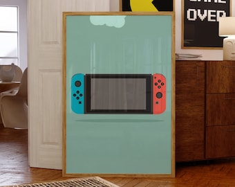 May include: A teal and blue framed poster with a light blue background and a white cloud. The poster features a cartoon illustration of a Nintendo Switch console with red and blue joy-cons.