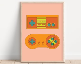 May include: A digital art print featuring two retro video game controllers. The top controller is a classic NES controller with a red and yellow color scheme. The bottom controller is a Super Nintendo controller with a yellow and orange color scheme. Both controllers are set against a peach background.